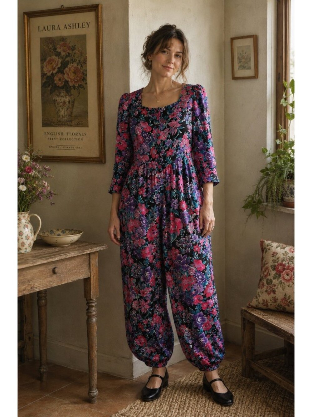 Vintage Floral Jumpsuit in Pink, Purple & Black